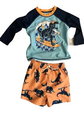 NWT jumping beans Blue & Orange Dino Surf Rashguard swim trunks set 18 months